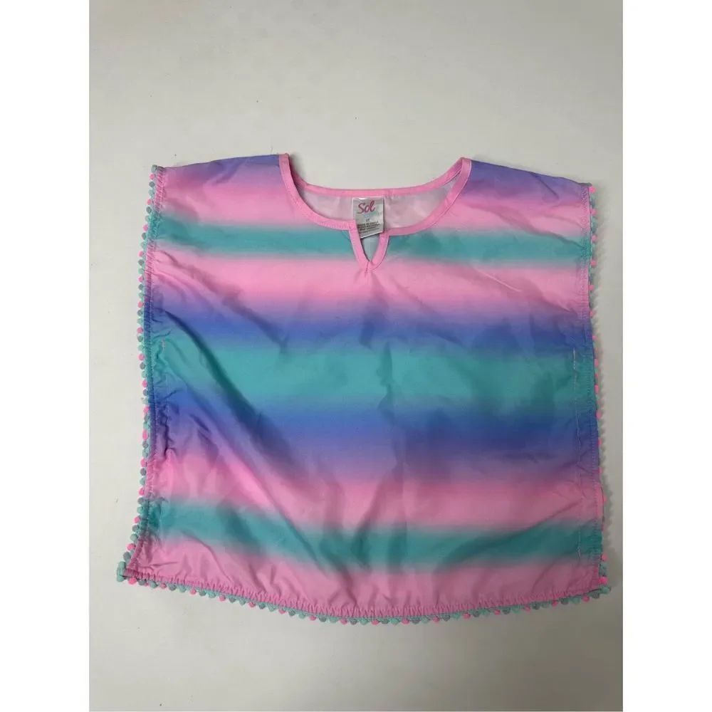 Swim Sol Girls Swim Cover-up Sz 2T Pom Poms Ombre Beach Pool Pink Blue